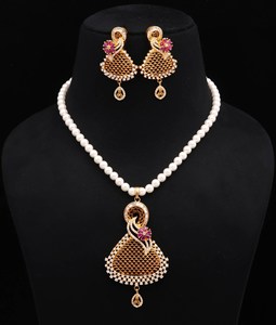 Designer Swan Pendant Necklace Set Pearl Beads Ruby Pink CZ Jewelry For Women Party Wear Jewellery At Wholesale Price - Product Image 1