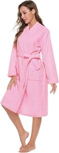 Bata de Baño de Felpa para Mujer, Manga Larga, Cuello en V, Largo hasta la Rodilla, Suave y Cómoda, 100% Algodón, Color Rosa - Product Image 2