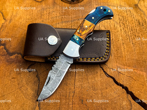 Couteau pliant de poche Premium en acier Damas avec verrouillage, manche en bois, qualité industrielle, pour la chasse en extérieur, EDC, fourniture OEM B2B, vente en gros, direct usine - Product Image 2