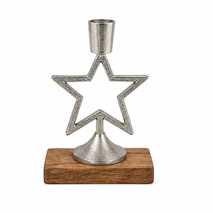 Porte-bougie de Noël en aluminium en forme d'étoile avec base rectangulaire en bois, centre de table pour la décoration intérieure, vente en gros OEM - Product Image 1