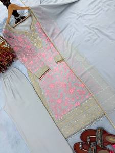 Ensemble indien pakistanais brodé rose avec dentelle, Sherwani, Palazzo, Dupatta, Voile en filet, Tenue de mariage formelle - Product Image 6