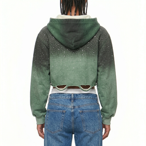 เสื้อฮู้ดดี้โอเวอร์ไซส์ผู้หญิง ผ้าฝ้ายออร์แกนิค 100% ตกแต่งด้วยคริสตัล ทรงครอป ลุควินเทจฟอกสีแบบแอซิดวอช - Product Image 6