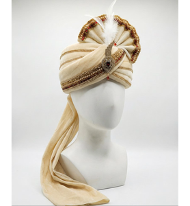 Turbante de terciopelo crema al por mayor para novio de boda india, Safa Pagdi hecho a mano con joyas y cola, tocado étnico real para hombres - Product Image 3