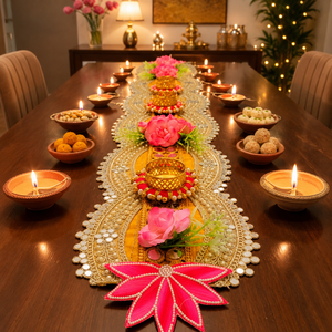 Pink Lotus Diya Table Runner Handmade Gold Patti Pearl Wedding <b>Mandir</b> Pooja Festival Home Decor Gift Item Centerpiece - Product Image 3