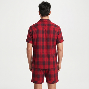 Conjunto de Pijama a Cuadros para Hombre, Camisa de Manga Corta y Pantalones Cortos, 100% Algodón Franela, Camisa con Bolsillo y Pantalones Cortos a Cuadros, Dos Piezas - Product Image 2