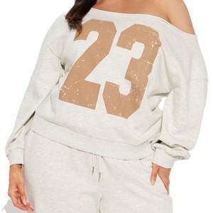 Conjunto deportivo de mujer de moda para otoño/invierno, top con hombros caídos, pantalón deportivo oversize, estampado con el número 23 y diseño liso, 100% algodón. - Product Image 2