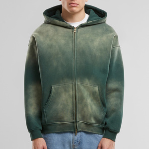 Sudadera con capucha y cremallera para hombre, de invierno, color burdeos lavado, de forro polar grueso, 450 GSM, algodón, corte holgado, estilo urbano - Product Image 1