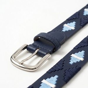 Ceinture Polo en Cuir Véritable Bleu Marine avec Boucle en Acier Inoxydable, Motif Paisley, Technique de Tressage, Style Western Décontracté Unisexe - Product Image 5