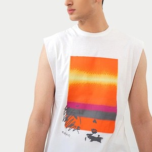 Débardeur sans manches col rond pour homme, blanc, imprimé par transfert thermique, dégradé de couleur, imprimé sur le devant, respirant, décontracté, en coton tricoté 3D - Product Image 1