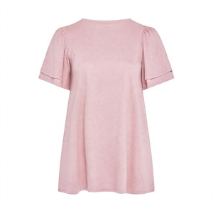 Camiseta informal de verano para mujer, camiseta holgada con cuello redondo y manga corta con volantes, color rosa liso, ropa básica de uso diario, atuendo moderno - Product Image 2
