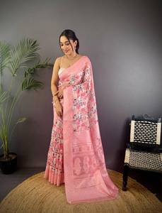 Sari de Seda Banarasi con Estampado Floral y Borde Tejido, Diseño de Alta Costura para Bodas y Fiestas Indias, Seda Suave - Product Image 3