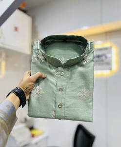 <b>Men's</b> Cotton <b>Kurta</b> with White Floral Print Knee-Length Traditional Indian Party Wedding Wear Regular Fit Light Green Color - Product Image 3