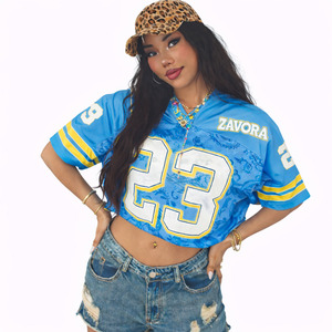 Maillot de football américain court en maille bleue de haute qualité pour femme, personnalisable, style streetwear, col en V, chemise graphique oversize, mode féminine - Product Image 3