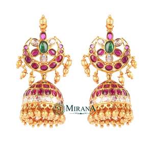 Saadhika Antique Gold Plated Pearl Drop Jhumka Earrings-Religious Geometric Flower Design - Product Image 2