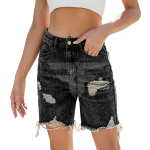 Shorts en jean déchiré noir léger pour femme, taille haute, décontracté, mode estivale, style urbain - Product Image 1