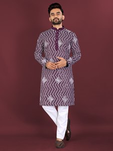 Kurta en coton imprimé numérique violet pour homme avec churidar blanc pour un usage décontracté, coupe régulière, longueur cheville, style traditionnel - Product Image 5