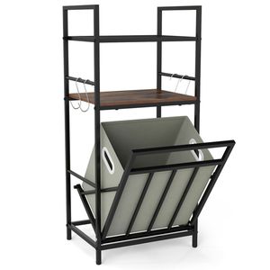 Cesto Portabiancheria Inclinabile Nero Rustico Marrone in Metallo e Legno Ingegnerizzato con 4 Ganci a S e Ripiani per Bagno, Inclusa Borsa in Tessuto e Metallo Effetto Rattan - Product Image 2