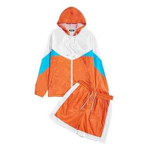 Premium Quality Custom <b>Summer</b> Fashion Zip up Color Block <b>Jacket</b> Hoodie Windbreaker Set Two Piece Shorts Set <b>Men</b> Nylon Tracksuit - Product Image 1