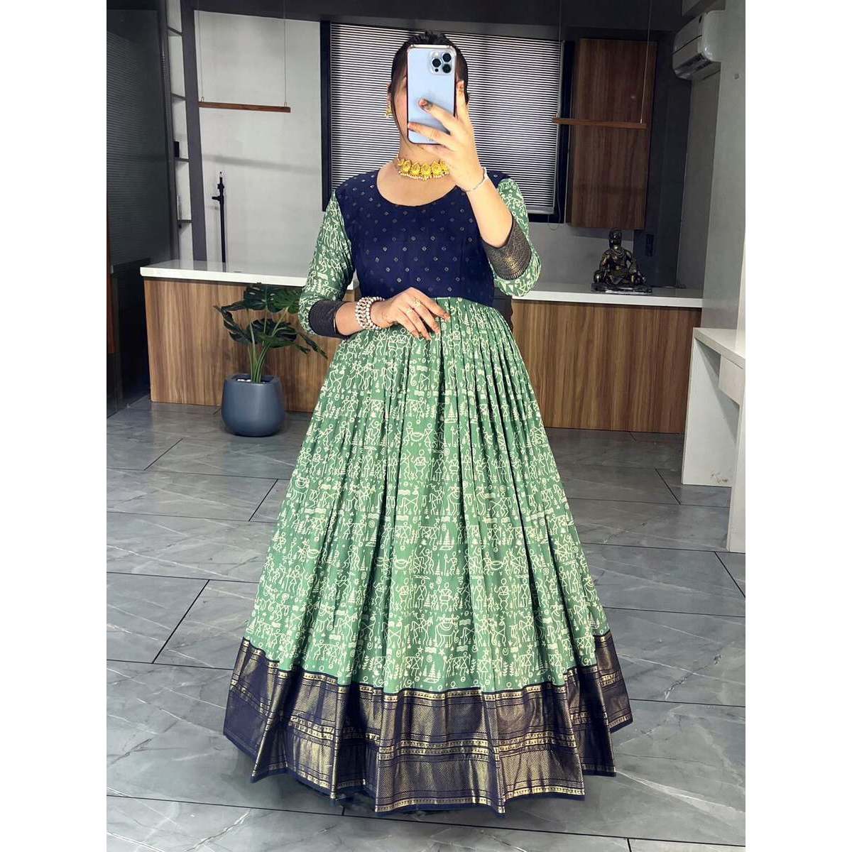 DESIGNER SOFT SILK KALAMKARI PRINT WORK ONLY GOWN GREEN