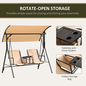 Dondolo da Giardino Beige a 2 Posti con Tettuccio, Seduta Girevole, Tavolino Portaoggetti e Portabicchieri Inclusi per Esterni - Product Image 6