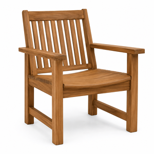 Chaise de jardin moderne en teck massif avec larges accoudoirs, dossier à lattes, pieds Saber durables et écologiques - Product Image 1