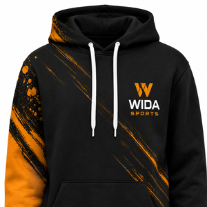 Sweat à capuche personnalisé en polaire polyester noir et orange avec impression par sublimation à effet brossé - Product Image 5