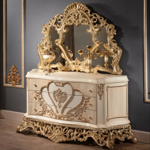 Juego de Dormitorio Clásico Europeo de Madera de Caoba con Corona Dorada Antigua, Tamaño King, Tallado, con Mesita de Noche y Armario, Muebles Personalizados para Apartamento - Product Image 6