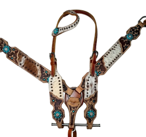 Ensemble de harnais en cuir de vachette Turquoise Daisy, bride et collier de poitrine pour cheval, artisanal, cuir véritable de qualité supérieure, Rodeo EquiElite - Product Image 1