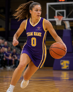 Warpro Industry – Robe de basket-ball pour femmes, violette et jaune, col en V, sans manches, nom et numéro d'équipe personnalisés, impression par sublimation - Product Image 6