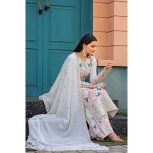 Conjunto de Top, Pantalón Plazzo y Dupatta de Seda Chinon Pura de Diseñador - Estilo Salwar Kameez para Fiestas - Product Image 3