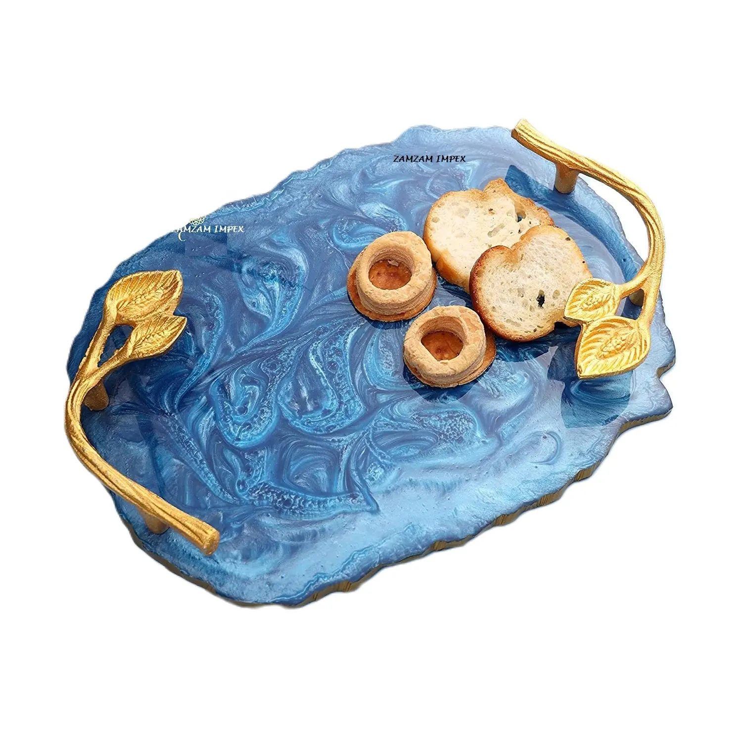 Ocean Blue Resin Multipurpose Tray/Platter with Golden Handle at wholesale rate