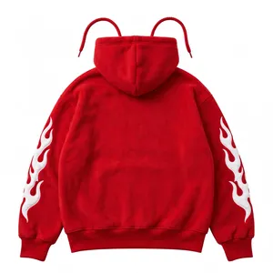 Sudadera con Capucha Personalizada en Color Rojo Cereza, con Estampado de Llamas en Relieve 3D, de Forro Polar - Product Image 2
