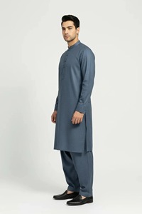 Kurta en coton bleu pour homme, manches longues, couleur unie, coupe classique, décontracté, pour tous les jours, longueur cheville, col chemise, style Inde Pakistan - Product Image 3