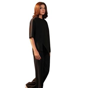 <b>Women</b> <b>Black</b> Two Piece Lounge Set Short Sleeve Oversized Top Wide Leg Pants Casual Homewear Custom Color OEM Apparel Manufacturer - Product Image 2
