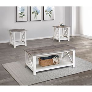 Ensemble de salon en bois blanc et brun, 3 pièces, comprenant une table basse rectangulaire et deux tables d'appoint carrées assorties - Product Image 1