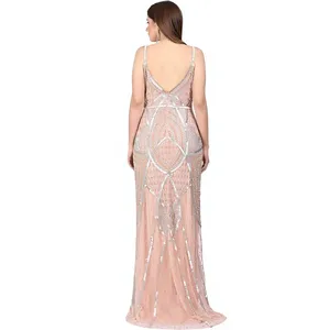 V Neck Beaded Sheath <b>Evening</b> <b>Dress</b> Sleeveless Embroidered Maxi Gown Elegant Formal Party Wear - Product Image 2