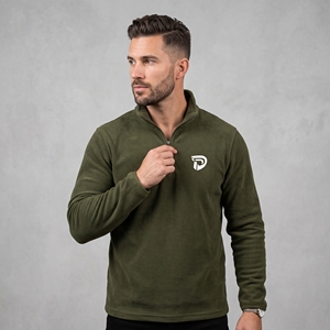 Sudadera de Forro Polar con Cierre de Cremallera de un Cuarto para Hombre, Color Verde Oliva, con Logotipo Impreso en Blanco, Corte Regular, Cuello Alto Informal, para Otoño, Marca Dumela - Product Image 5