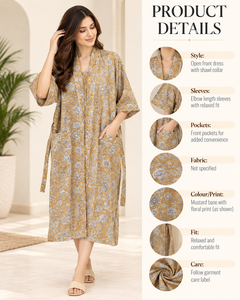 Camisón Largo Floral Ecológico Tipo Kimono para Mujer |   Bata de algodón con estampado a mano |   Cuello en V, manga larga, cierre con cordón - Product Image 3