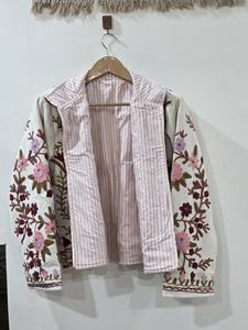 Floral Embroidered Cotton Jacket with V-neck Collar Full Sleeve <b>Reversible</b> Quilted Winter Women's Short <b>Coat</b> - Product Image 6