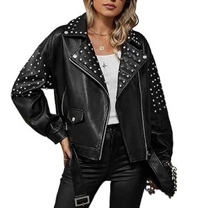 Womens Studded Leather <b>Jacket</b> Black Biker <b>Punk</b> Style Motorcycle <b>Jacket</b> Genuine PU Leather OEM Custom Wholesale Factory - Product Image 1
