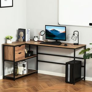 A forma di L marrone scrivania a casa ufficio con ripiano di stoccaggio e cassetto industriale angolo PC tavolo da studio Computer Workstation - Product Image 2
