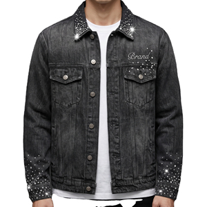 Luxury Washed Black Rhinestone <b>Denim</b> <b>Jacket</b> Heavyweight Cotton Trucker Streetwear Jean Coat for Men - Product Image 5