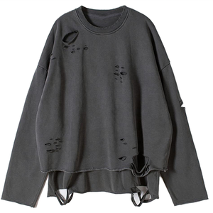 Sudadera Oversize de Cuello Redondo, Manga Larga, Diseño Desgastado con Recortes, Unisex, Tejido de Algodón, Estilo Otoñal - Product Image 1