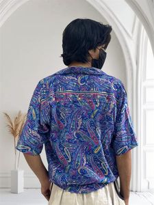 Chemise décontractée pour homme à manches courtes, imprimé paisley bleu, col rabattu, 100% coton, respirante, tissée en popeline, pour l'été - Product Image 5