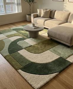Modern Abstract Block Patchwork Wool Anti-Slip Medium Pile Cotton Canvas Backing Tufted Area Rug Olive Sage <b>Green</b> Cream Multi - Product Image 5