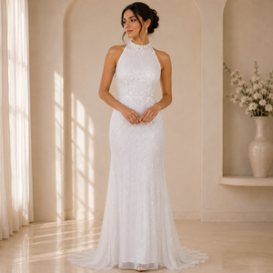 Luxury White Beaded Mermaid Evening Gown for Women High Neck Sleeveless Formal Wedding Reception Bridal Party Prom Maxi Dress - Product Image 2