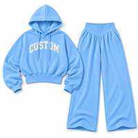 Setelan Hoodie Oversize Wanita Warna Biru Langit dengan Celana Kaki Lebar, Pakaian Santai Fleece, Set Cetak Puff Kustom, Produsen
