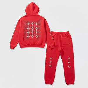 Ensemble de survêtement décontracté unisexe personnalisé avec logo, sweat à capuche zippé rouge et pantalon de jogging, streetwear imprimé graphique étoile, polaire léger - Product Image 5