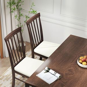 Set di 2 Sedie da Pranzo in Legno Marrone Scuro e Beige, Stile Rustico, Imbottite, con Telaio in Legno di Gomma e Rivestimento in Pelle PU per Ristoranti - Product Image 2