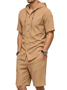 Men Solid Color Breathable Knitted Hooded Short Sleeve Shirt Set with Button-Up Top Elastic Waist Shorts Casual Summer Outfit - Product Image 2